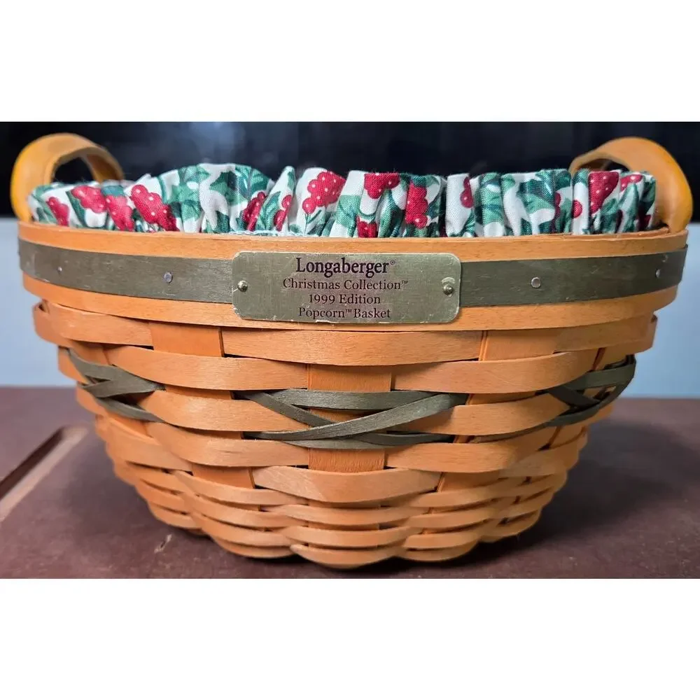 Vtg 1999 Longaberger Christmas Collection Popcorn Basket Combo w Holly Liner etc